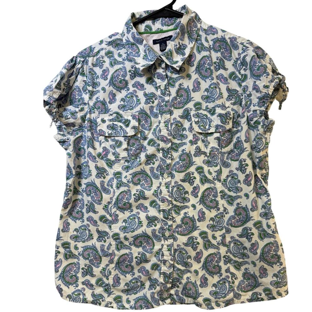 Women’s Tommy Hilfiger XL Paisley Short Sleeve Button Up Shirt 100% Cotton
